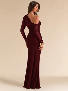 SHEIN BAE Spring/Summer Solid Black Asymmetrical Shoulder Ruched Fitted Maxi Fish Tail Mesh Dress For Women - Burgundy - View 2