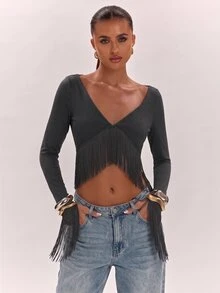 SHEIN BAE 女款純色V領長袖短版上衣，附流蘇下擺 - 深灰色 - 查看 5