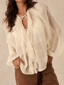 Easelle Vintage Bohemian V-Neck Ruffle Lace Patchwork Women's Blouse - Apricot - View 2