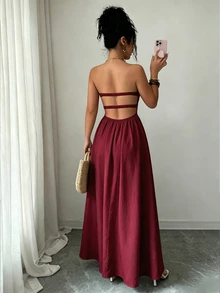 Selianne Summer New Bohemian Style Long Strapless Dress, Sexy Back Cutout, Floral Print, Bandeau Dress, Elegant Summer Dress, Women's Long Summer Dress, Beach Dress, Suitable For Holiday, Picnic, Beach Activities - Burgundy - View 2