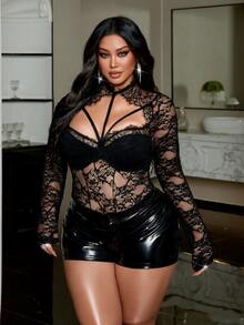 NU&NOW Plus Size Black Eyelash Floral Lace Long Sleeve Bodysuit High Neck Cut Out Strappy Sheer Mesh Underwire Bust Teddy Halloween Rave Cocktail Club Sexy - Black - View 4