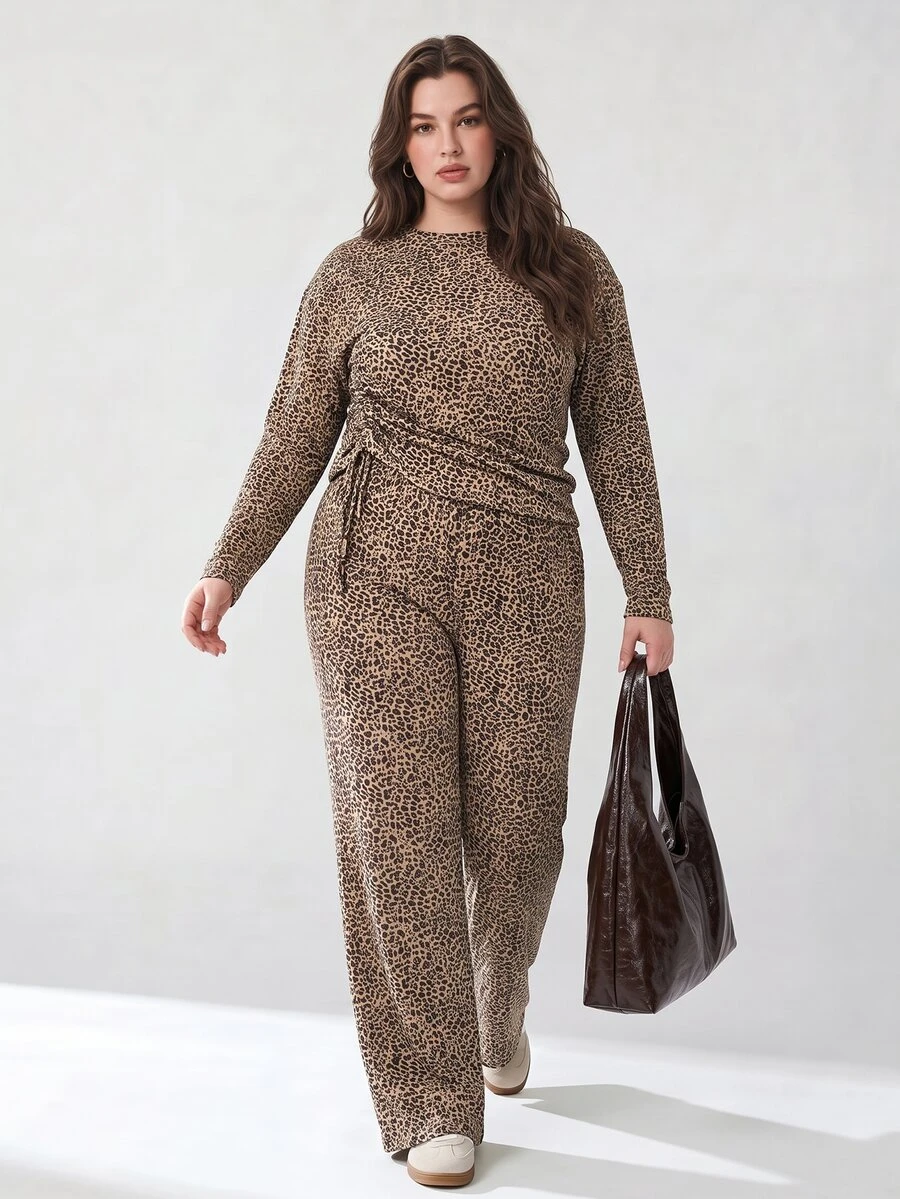 Solavibe Plus Size Vintage Leopard Print Drawstring Round Neck Top Loose Wide Leg Pants Casual Halloween Autumn/Winter 2 Pieces Set Beige Fall Formal Vacation - Multicolor - View 1