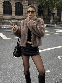 DAZY 女款立領長袖寬鬆時尚人造毛皮大衣 - 咖啡棕 - 查看 5