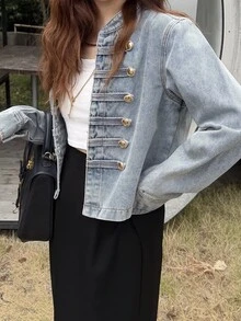 FRIFUL Women's Long Sleeve Zipper Front Casual Napoleon Denim Jacket - Blue - View 5