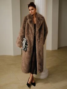 ZEYLAH Faux Fur Oversized Lapel Long Shaggy Coat - Light Grey - View 4