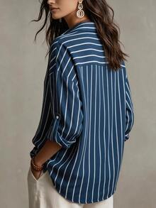 SHEIN LUNE Women's Navy Blue And White Versatile Casual Elegant Textured Long Sleeve Shirt For Vacation, Party Brunch, Commute And Daily Wear Autumn - Blue and White - View 2