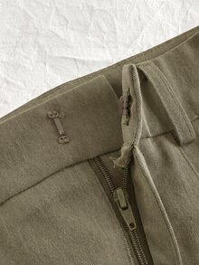 SHEIN EZwear 大尺碼休閒拉鍊百褶綁腰長褲，適合辦公室穿著 - 軍綠色 - 查看 4