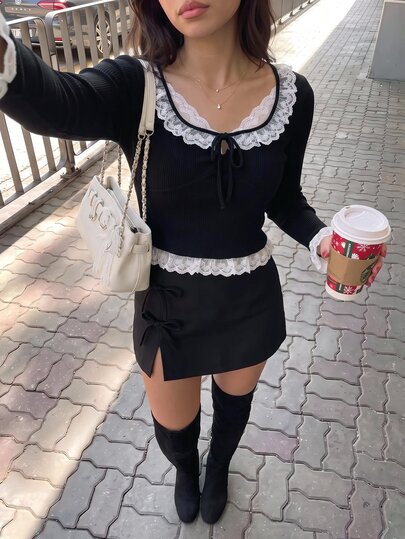 Sweetina Damen T-Shirt mit Spitzenbesatz, figurbetonter Taille und langen Ärmeln