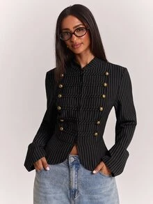 SHEIN BAE 時尚設計結飾鈕扣裝飾休閒通勤長袖夾克 - 黑色 - 查看 5