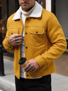 Manfinity CasualCool 男士羊毛領翻蓋口袋時尚橘色長袖外套，秋冬款 - 橘色 - 查看 4