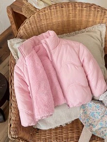 女嬰可愛秋冬保暖內裡粉色加厚外套，適合休閒外出、玩耍、拍照，舒適冬季百搭外衣 - 粉色 - 查看 5