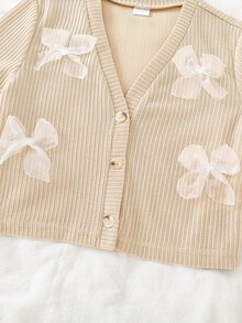 Genkimix Kids Tween Girl' Spring Summer Autumn Winter Textured Knit Peach Cardigan Jacket Top Casual Cute Everyday Wear 3D Bow Decor School Formal - Apricot - View 3