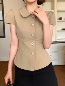 DAZY 女款純色花瓣袖單排扣休閒襯衫 - 卡其色 - 查看 5