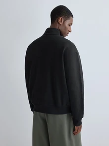 Merionis Men's Solid Color Zipper Design Long Sleeve Casual Pullover Sweatshirt - Black - View 2