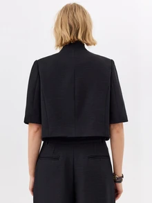 KÆRIA Hus Architectural Stand Collar Cropped Blazer - Textured Tailoring - Black - Matching Suit, Business, Set Office, Work, Classic, Cropped, Chic - Black - View 2