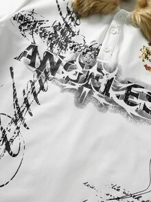 ROMWE MEN Street Life Men's Letter Print Patchwork Fuzzy Short Sleeve Polo Shirt - White - View 6