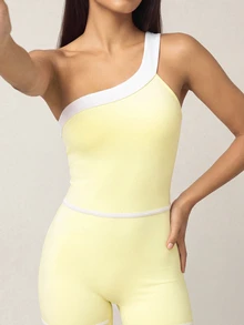 SHEIN BAE 女款拼色單肩無袖運動連身褲 - Butter Yellow - 查看 3
