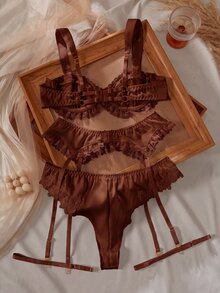 Crystal Vow 4pcs White Lace Patchwork Sexy Lingerie Set - Brown - View 2