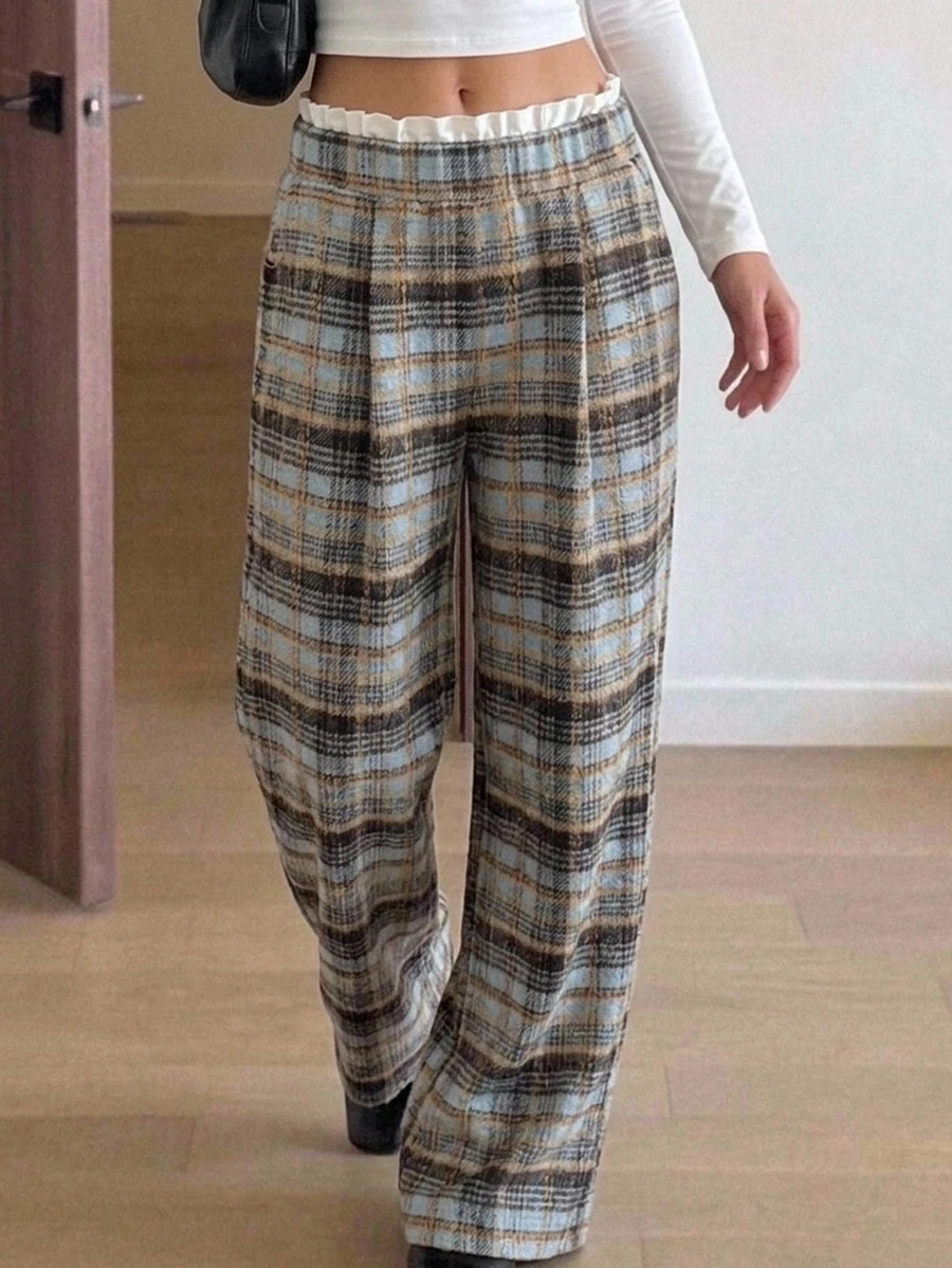 Livesso Women's Casual Preppy 70s Plaid Long Pants, Fall School Blue And Brown - Brown - View 1