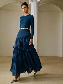 ZEYLAH Women's Solid Color Pleated Elegant Waist-Cinching Party Dress - Teal Blue - View 5