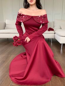 Feyla Women's Elegant Off-Shoulder Floral Embroidered Dress - Burgundy - View 1