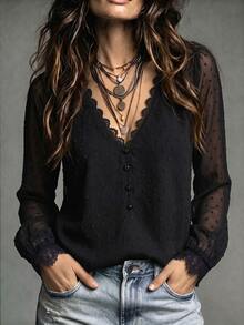 SHEIN Women's Fashion V-Neck Lace Patchwork Puff Sleeve Single-Breasted Blouse, Suitable For Daily Commute, Date, Casual Gathering - Black - View 3