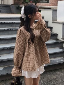 DAZY Blus Longgar Motif Kotak-kotak Lengan Panjang dengan Hiasan Rumbai di Bagian Bawah, Atasan Kasual untuk Liburan Musim Semi dan Gugur untuk Wanita - Coklat - View 7