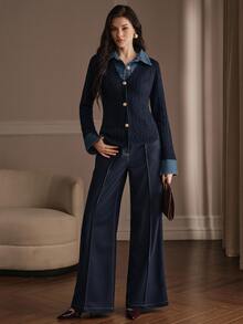 Anewsta Women's Navy Blue Knit POLO Collar Turn-Down Collar 2 In 1 Cardigan Sweater Casual Sweater Jacket, Autumn/Winter - Navy Blue - View 3
