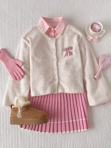 Comfortcana Women's Autumn/Winter Casual Cute Fairy Bow Embroidery Cardigan Brunch Pink - Apricot - View 8