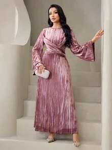Veilorie فستان نسائي أنيق بتصميم عربي بياقة دائرية وأكمام واسعة وتصميم متقاطع عند الخصر - وردي - مشاهدة 4