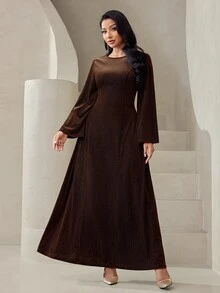 Veilorie Women's Elegant Bell Sleeve Arabian Dress - Coffee Brown - View 4
