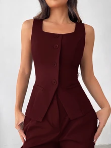 SHEIN EZwear 女款純色寬肩帶前扣無袖簡約休閒西裝外套 秋冬款 - 酒紅色 - 查看 6
