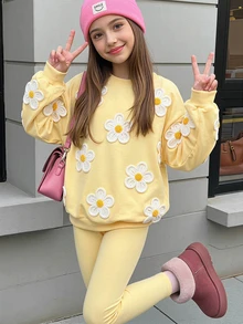 Sparklyn 青少年女孩針織黃色花卉印花寬鬆休閒衛衣與內搭褲套裝 - 黃色 - 查看 1