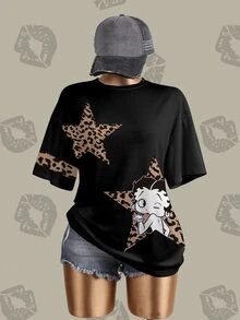 Betty Boop x SHEIN تي شيرت كاجوال صيفي بمقاس كبير بطبعة نمر ونجوم ورسوم كرتونية - أبيض - مشاهدة 3