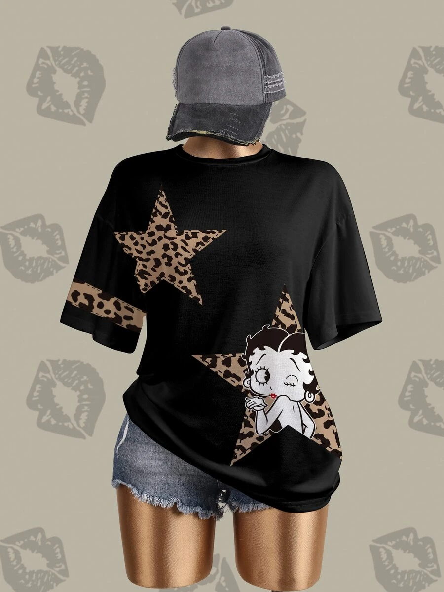 Betty Boop x SHEIN Plus Size Summer Casual Leopard Print Star Cartoon Graphic T-Shirt - White - View 1
