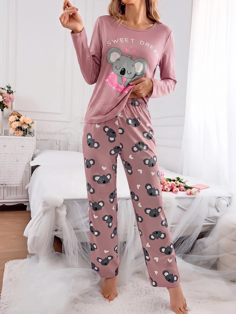 SweetSlumber Cute Koala Girl Autumn Long Sleeve Long Pants Women's Pajama Set - Dusty Pink - View 1