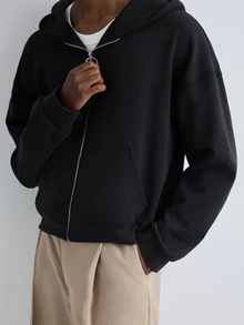 Merionis Men's Solid Color Drop Shoulder Long Sleeve Zip-Up Casual Hoodie - Black - View 4