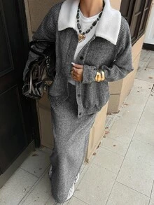 Strévra Women's Colorblock Lapel Single-Breasted Jacket And Skirt Casual 2 Pieces Set - Grey - View 4