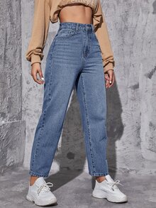 SHEIN EZwear 女款高腰口袋休閒百搭牛仔褲 - 淺色水洗藍 - 查看 5