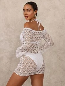 Glamine SHEIN Glamour Women's Solid White Off-Shoulder Long Sleeve Knitted Pattern Texture Hollow Out Cover-Up Dress For Vacation Beach Tropical Sexy Mix And Match Summer - White - View 2