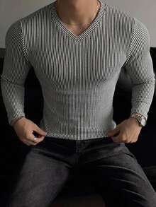 DAZY V-Neck Elastic Ribbed Ribbed Long Sleeve Slim Fit Basic T-Shirt For Men - Grey - View 6