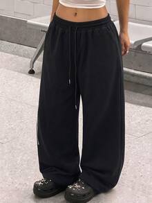 StreetHx Women's Letter Print Drawstring Waist Casual Wide Leg Pants - Black - View 4