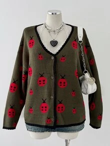 Sunspun Plus Size Women Animal Print Color Block Trim Cute Y2K Vintage Halloween Sweater Cardigan Autumn/Winter Back To School Season - Dark Green - View 1