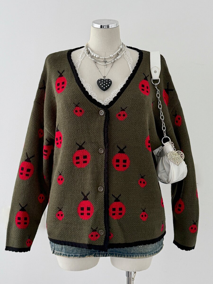 Sunspun Plus Size Women Animal Print Color Block Trim Cute Y2K Vintage Halloween Sweater Cardigan Autumn/Winter Back To School Season - Dark Green - View 1