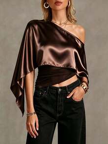 SHEIN 女款純色不對稱領時尚襯衫 - 卡其色 - 查看 1