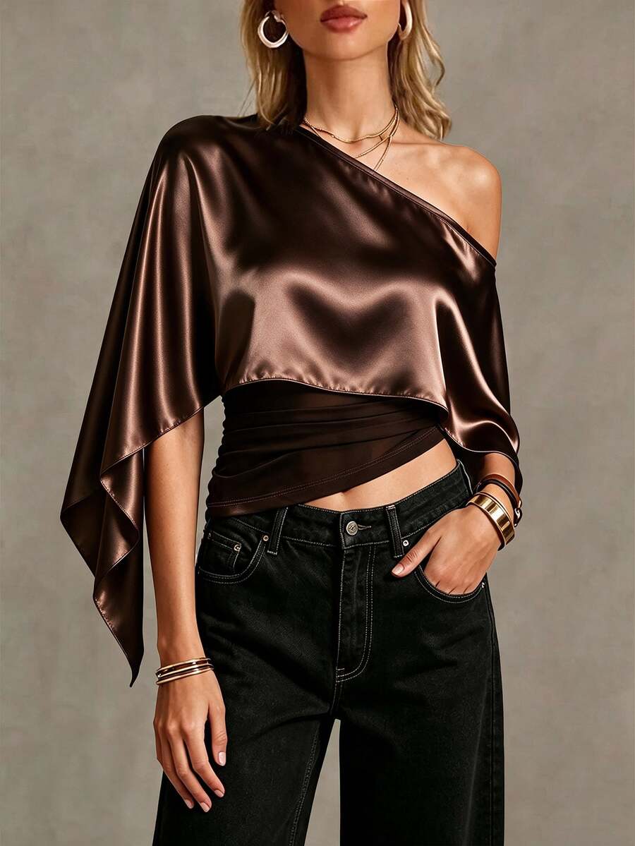 SHEIN 女款純色不對稱領時尚襯衫 - 卡其色 - 查看 1