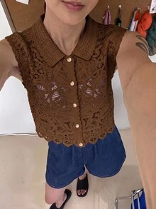 Maija 女款針織短袖 Polo 領開襟衫，夏季都市休閒穿搭 - 棕色 - 查看 2
