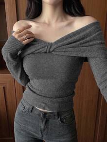 DAZY Women's Solid Color Twisted Knot Off-Shoulder Long Sleeve Fashion Sweater Fall - Grey - View 6