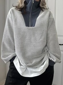 FRIFUL 女款撞色拉鍊設計落肩長袖條紋休閒T恤 - 藍色 - 查看 2