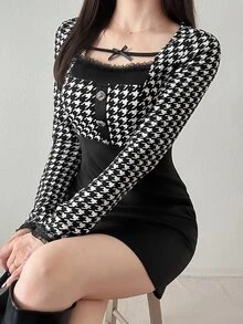 FRIFUL Women's Patchwork Houndstooth Print Long Sleeve Fitted Short Dress Dinner Date Black Autumn Elegant Plaid - Black - View 2